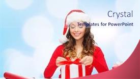  Presentation with blue lights - PPT theme consisting of christmas holidays celebration decoration and people concept - smiling woman in santa helper hat with decorating paper packing gift boxes over blue lights background background and a sky blue colored foreground