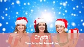  Presentation with christmas holidays - PPT theme consisting of christmas holidays celebration decoration and people concept - smiling women in santa helper hats with decorating paper and gift boxes over blue snowy background background and a coral colored foreground