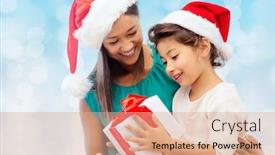 Presentation with blue lights - PPT theme featuring christmas holidays celebration family and people concept - happy mother and little girl in santa helper hats with gift box over blue lights background background and a coral colored foreground