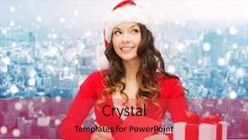  Presentation with christmas card - Slide deck with christmas holidays celebration greeting and people concept - smiling woman in santa helper hat with gift box writing letter or sending post card over snowy city background background and a red colored foreground