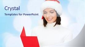  Presentation with blue lights - Amazing PPT theme having christmas holidays celebration greeting and people concept - smiling woman in santa helper hat with greeting card over blue lights background backdrop and a sky blue colored foreground