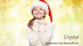  Presentation with girl christmas - Presentation with christmas holidays childhood and people concept - smiling girl in santa helper hat over yellow lights background background and a cream colored foreground