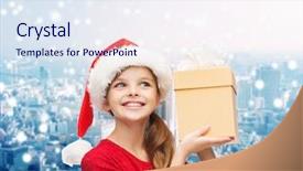  Presentation with christmas girl - Audience pleasing slide deck consisting of christmas holidays childhood and people concept - smiling girl in santa helper hat with gift box over snowy city background backdrop and a sky blue colored foreground