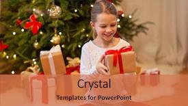  Presentation with christmas holidays - Slide deck with smiling girl with gift box background and a coral colored foreground