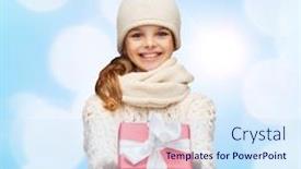  Presentation with blue lights - PPT theme consisting of christmas holidays childhood presents and people concept - dreaming girl in winter clothes with gift box over blue lights background background and a sky blue colored foreground