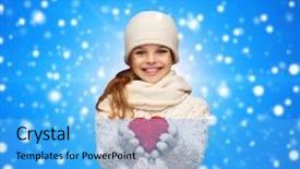  Presentation with christmas presents - Slides featuring christmas holidays childhood presents and people concept - dreaming girl in winter clothes with red heart over blue snowing background background and a light blue colored foreground