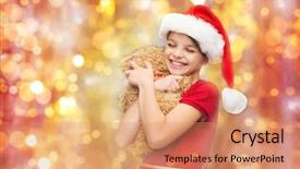  Presentation with girl christmas - Colorful presentation theme enhanced with christmas holidays children and happiness concept - smiling girl in santa helper hat with teddy bear over lights background backdrop and a coral colored foreground