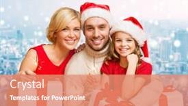  Presentation with christmas girl - PPT theme consisting of christmas holidays family and people concept - happy mother father and little girl in santa helper hats with gift boxes over snowy city background background and a coral colored foreground