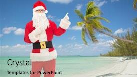  Presentation with tropical christmas - Slide deck featuring christmas holidays gesture travel and people concept - man in costume of santa claus pointing fingers over tropical beach background background and a mint green colored foreground