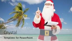  Presentation with tropical christmas - Amazing presentation theme having christmas holidays gesture travel and people concept - man in costume of santa claus with notepad pointing finger up over tropical beach background backdrop and a light blue colored foreground