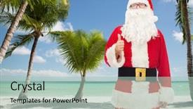  Presentation with tropical christmas - Beautiful theme featuring christmas holidays gesture travel and people concept- man in costume of santa claus showing thumbs up over tropical beach background backdrop and a mint green colored foreground