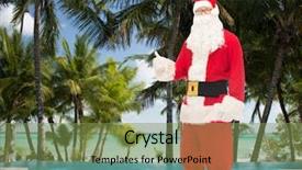  Presentation with tropical christmas - PPT layouts having christmas holidays gesture travel and people concept- man in costume of santa claus showing thumbs up over tropical beach and swimming pool background background and a tawny brown colored foreground