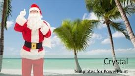  Presentation with beach bag - PPT layouts consisting of christmas holidays gesture travel and people concept - man in costume of santa claus with bag pointing finger up over tropical beach background background and a mint green colored foreground