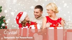  Presentation with christmas holidays - Audience pleasing theme consisting of christmas holidays happiness and people concept - smiling family in santa helper hats with many gift boxes at home backdrop and a coral colored foreground