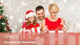  Presentation with happiness - Audience pleasing PPT theme consisting of christmas holidays happiness and people concept - smiling family in santa helper hats with many gift boxes at home backdrop and a coral colored foreground