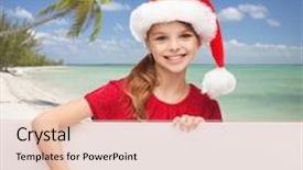  Presentation with tropical christmas - Presentation theme enhanced with christmas holidays people advertisement and sale concept - happy little girl in santa helper hat with blank white board over tropical beach background background and a lemonade colored foreground