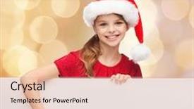  Presentation with christmas sale - Audience pleasing presentation theme consisting of christmas holidays people advertisement and sale concept - happy little girl in santa helper hat with blank white board over beige lights background backdrop and a lemonade colored foreground