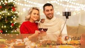  Presentation with christmas dinner - Slide set having christmas holidays technology and people concept - happy couple in taking picture by selfie stick at home dinner background and a gold colored foreground