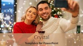  Presentation with christmas dinner - Audience pleasing presentation theme consisting of christmas holidays technology and people concept - happy couple in taking selfie by smartphone at home dinner over snow backdrop and a coral colored foreground