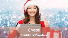  Presentation with christmas card - Slide deck consisting of christmas holidays technology and shopping concept - smiling woman in santa helper hat with credit card gift box and laptop computer showing thumbs up gesture over snowy city background background and a coral colored foreground