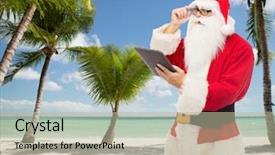  Presentation with tropical christmas - Audience pleasing PPT layouts consisting of christmas holidays technology travel and people concept - man in costume of santa claus with tablet pc computer over tropical beach background backdrop and a mint green colored foreground