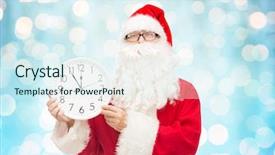  Presentation with blue lights - Slide set featuring christmas holidays time and people concept - man in costume of santa claus with clock showing twelve over blue holidays lights background background and a sky blue colored foreground