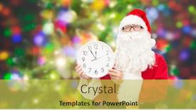  Presentation with party lights - Theme having christmas holidays time and people concept - man in costume of santa claus with clock showing twelve over party lights background background and a yellow colored foreground