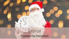  Presentation with golden lights - Presentation theme having christmas holidays time and people concept - man in costume of santa claus with clock showing twelve pointing finger over golden lights background background and a soft green colored foreground