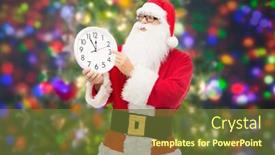  Presentation with party lights - Audience pleasing PPT theme consisting of christmas holidays time and people concept - man in costume of santa claus with clock showing twelve over party lights background backdrop and a tawny brown colored foreground