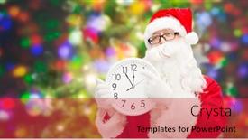  Presentation with party lights - PPT layouts consisting of christmas holidays time and people concept - man in costume of santa claus with clock showing twelve over party lights background background and a red colored foreground