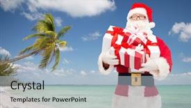  Presentation with tropical christmas - Presentation design having christmas holidays travel and people concept - man in costume of santa claus with gift boxes over tropical beach background background and a light blue colored foreground