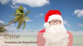  Presentation with tropical christmas - Audience pleasing presentation theme consisting of christmas holidays travel and people concept - man in costume of santa claus blowing on palms over tropical beach background backdrop and a lemonade colored foreground