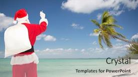 Presentation with tropical christmas - Amazing PPT theme having christmas holidays travel and people concept - man in costume of santa claus with bag writing something from back over tropical beach background backdrop and a light blue colored foreground