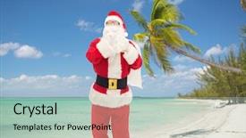  Presentation with beach bag - Cool new PPT layouts with christmas holidays travel and people concept - man in costume of santa claus with bag making hush gesture over tropical beach background backdrop and a mint green colored foreground