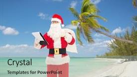  Presentation with beach bag - Slide set consisting of christmas holidays travel and people concept - man in costume of santa claus with notepad and bag over tropical beach background background and a mint green colored foreground