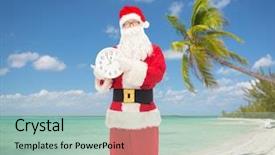  Presentation with tropical christmas - Colorful slide deck enhanced with christmas holidays travel and people concept - man in costume of santa claus with clock showing twelve pointing finger over tropical beach background backdrop and a mint green colored foreground