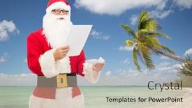  Presentation with christmas holidays - Slide set featuring christmas holidays travel and people concept - man in costume of santa claus reading letter background and a soft green colored foreground