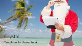  Presentation with tropical christmas - PPT theme featuring christmas holidays travel and people concept - man in costume of santa claus with notepad over tropical beach background background and a light blue colored foreground