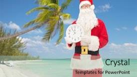 Presentation with tropical christmas - Presentation theme having christmas holidays travel and people concept - man in costume of santa claus with clock showing twelve over tropical beach background background and a mint green colored foreground