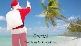  Presentation with beach bag - PPT theme having christmas holidays travel and people concept - man in costume of santa claus with bag pointing finger from back over tropical beach background background and a light blue colored foreground
