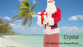  Presentation with tropical christmas - Beautiful presentation featuring christmas holidays travel and people concept - man in costume of santa claus with gift box over tropical beach background backdrop and a mint green colored foreground