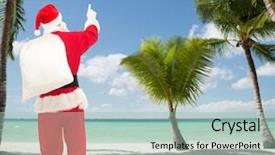 Presentation with beach bag - Amazing PPT layouts having christmas holidays travel and people concept - man in costume of santa claus with bag pointing finger from back over tropical beach background backdrop and a mint green colored foreground