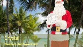  Presentation with tropical christmas - Slide deck featuring christmas holidays travel and people concept - man in costume of santa claus with clock showing twelve over tropical beach and swimming pool background background and a tawny brown colored foreground