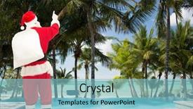  Presentation with beach bag - Cool new theme with christmas holidays travel and people concept - man in costume of santa claus with bag pointing finger from back over tropical beach and swimming pool background backdrop and a light blue colored foreground