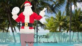  Presentation with tropical christmas - PPT layouts enhanced with christmas holidays travel and people concept - man in costume of santa claus with clock showing twelve over tropical beach and swimming pool background background and a light blue colored foreground