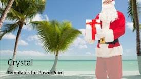  Presentation with tropical christmas - Cool new PPT layouts with christmas holidays travel and people concept - man in costume of santa claus with gift box over tropical beach background backdrop and a mint green colored foreground
