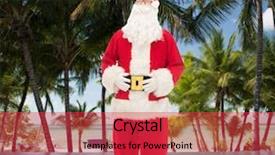  Presentation with tropical christmas - Slides with christmas holidays travel and people concept - man in costume of santa claus over swimming pool on tropical beach background background and a red colored foreground