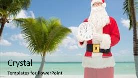  Presentation with tropical christmas - Colorful PPT layouts enhanced with christmas holidays travel and people concept - man in costume of santa claus with clock showing twelve over tropical beach background backdrop and a light blue colored foreground