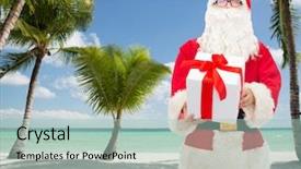  Presentation with tropical christmas - Slide deck consisting of christmas holidays travel and people concept - man in costume of santa claus with gift box over tropical beach background background and a mint green colored foreground