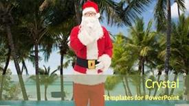  Presentation with tropical christmas - Amazing presentation theme having christmas holidays travel and people concept - man in costume of santa claus making hush gesture over swimming pool on tropical beach background backdrop and a tawny brown colored foreground